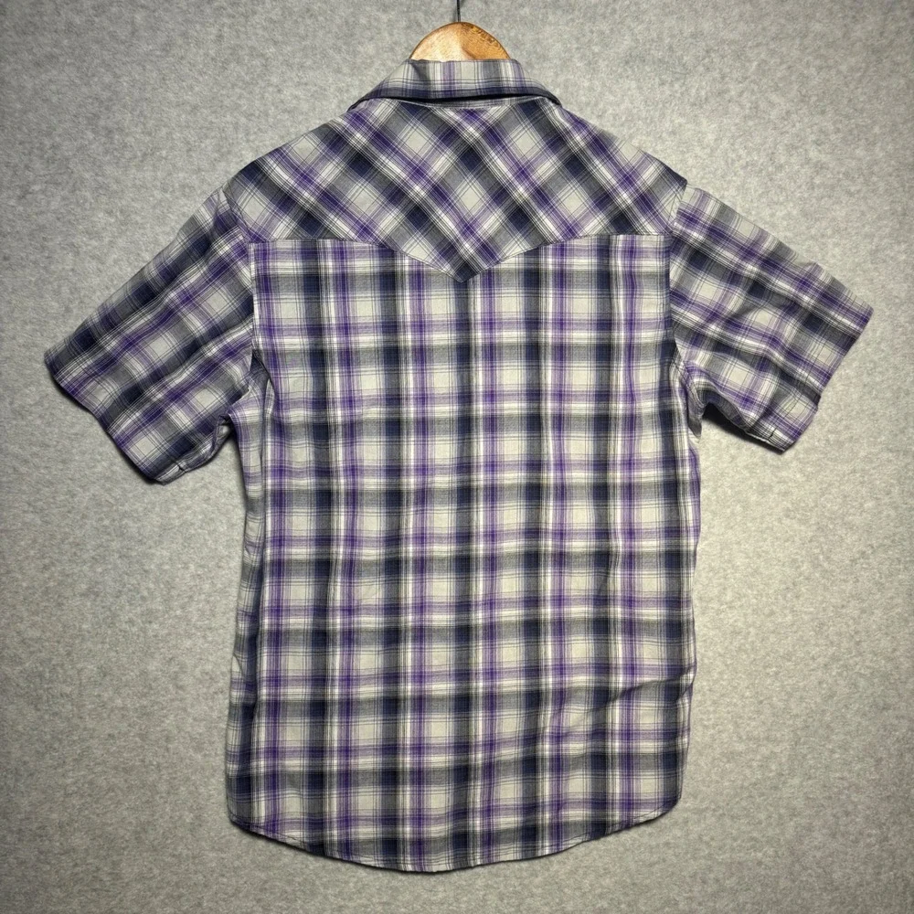 Wrangler Western Shirt Mens Medium Purple Black Plaid Pearl Snap Short Sleeve - Picture 3 of 5
